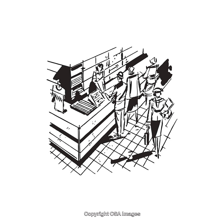 Business Professionals Interacting at a Service Counter in Line Art Style