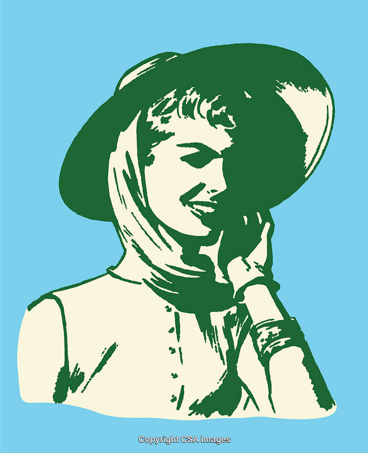Vintage Style Illustration of a Woman Wearing a Hat and Headscarf