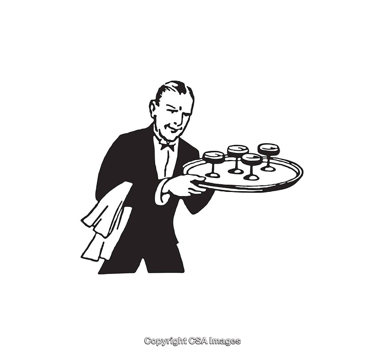 Elegant Waiter Serving Drinks from a Tray in Line Art Style