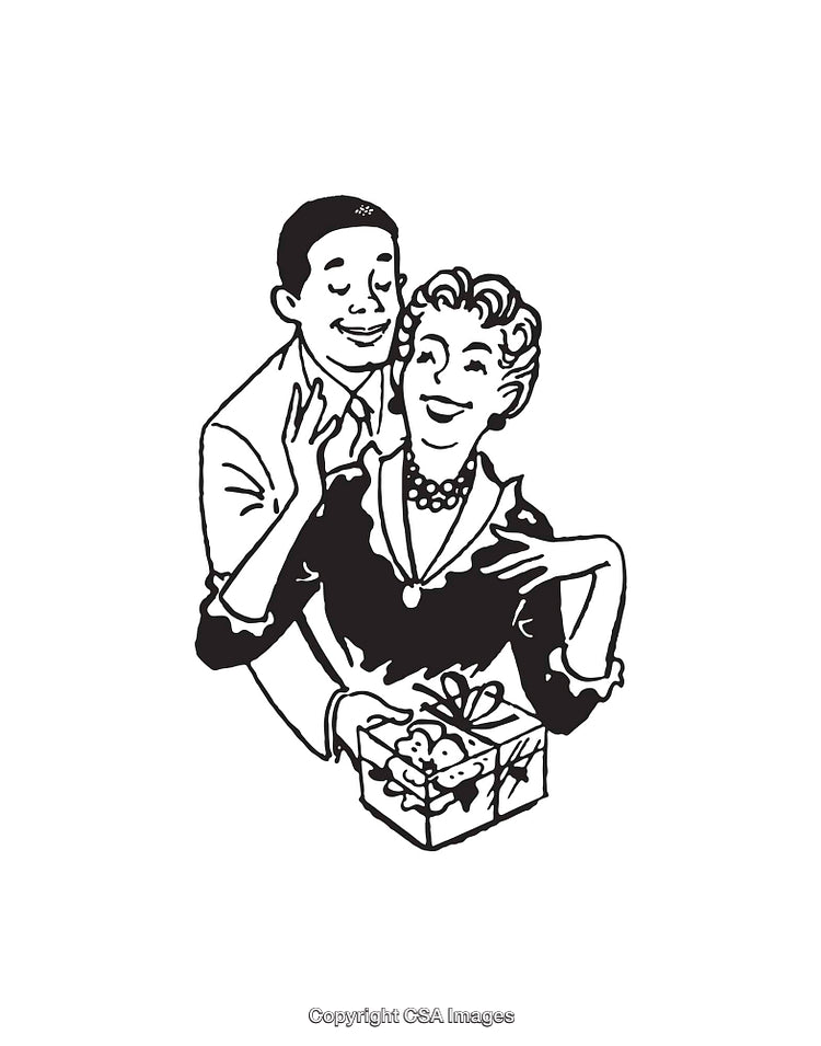 Retro Line Art of a Gift-Giving Moment Full of Joy