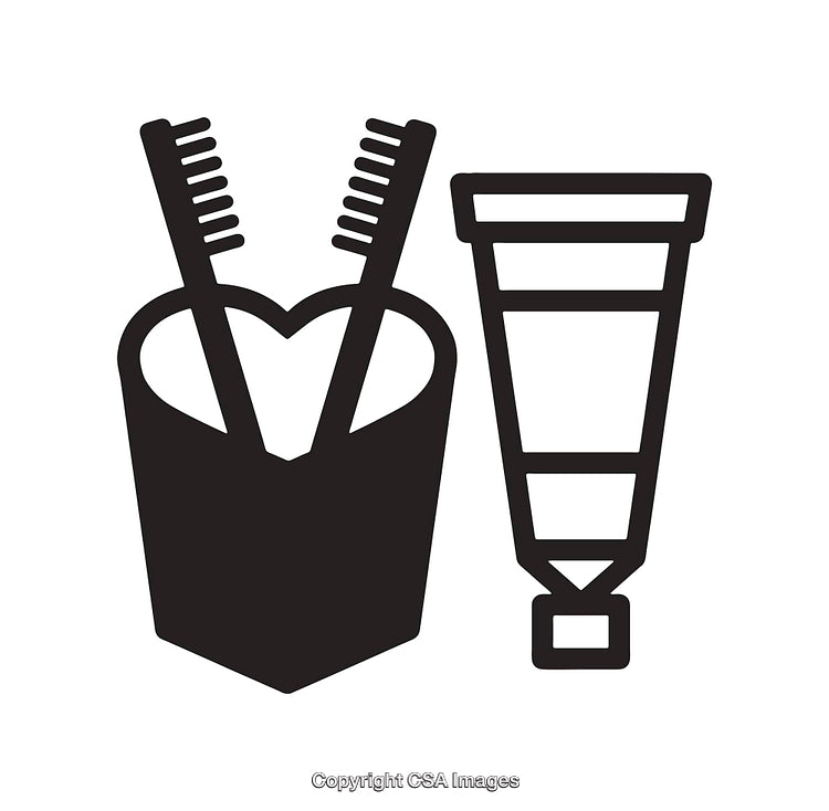 Black and White Icon of Toothpaste Tube and Cup with Toothbrushes