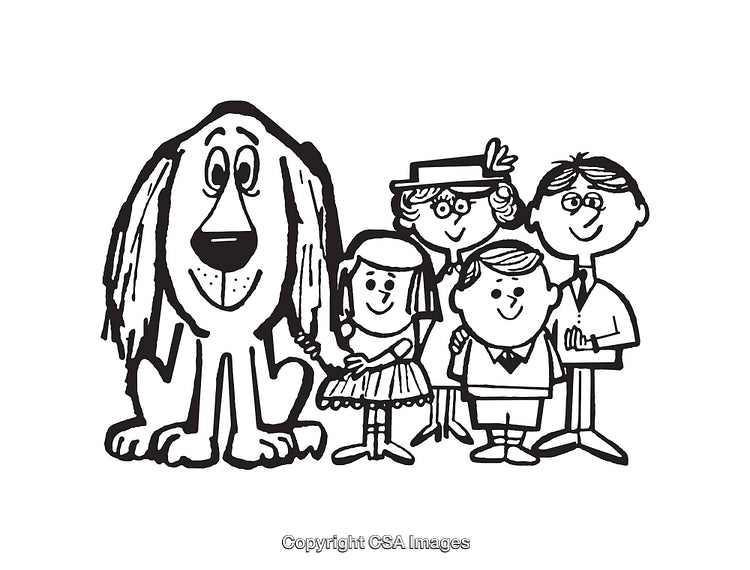 Black and White Line Art of a Family with a Large Dog