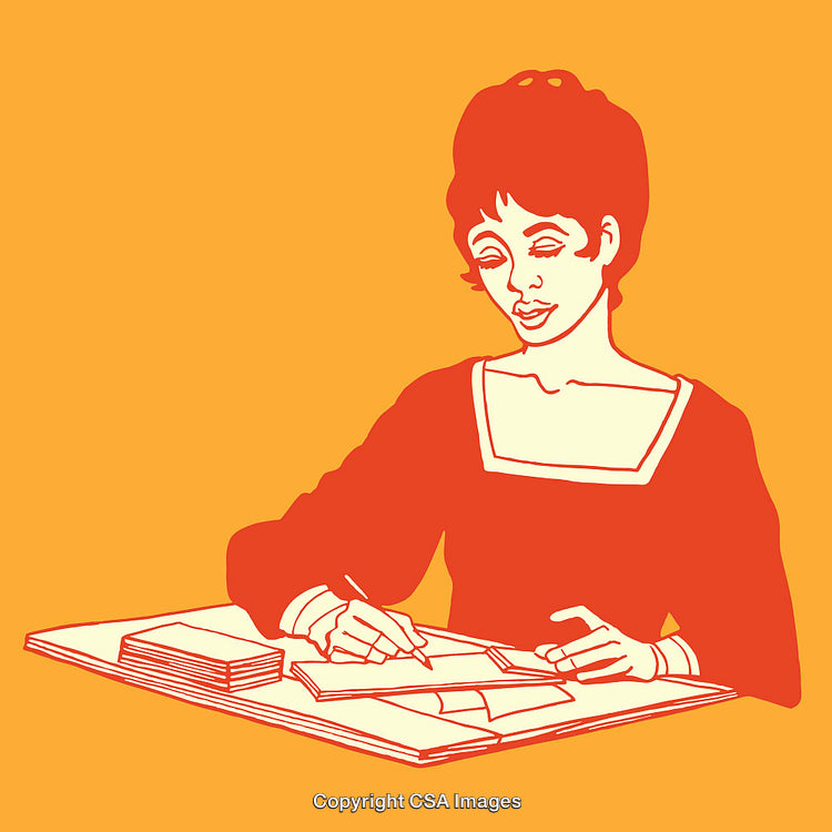 Woman Writing at Desk in Colorful Line Art Illustration