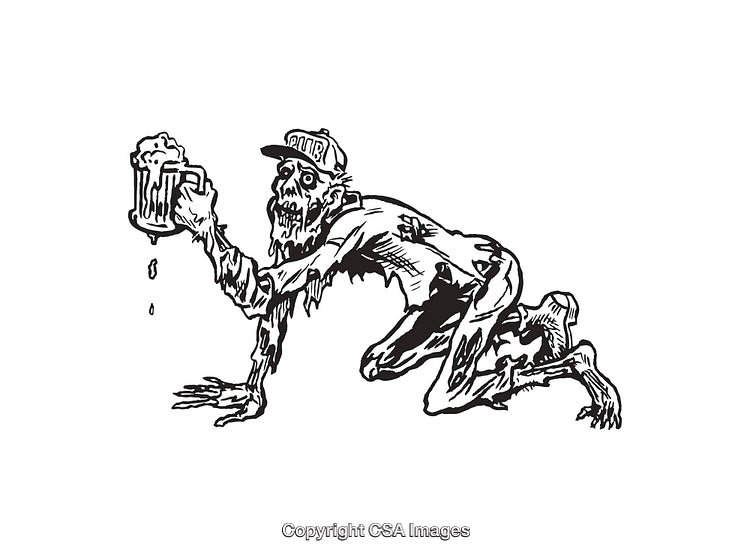 Black and White Line Art of Zombie Holding a Mug of Beer