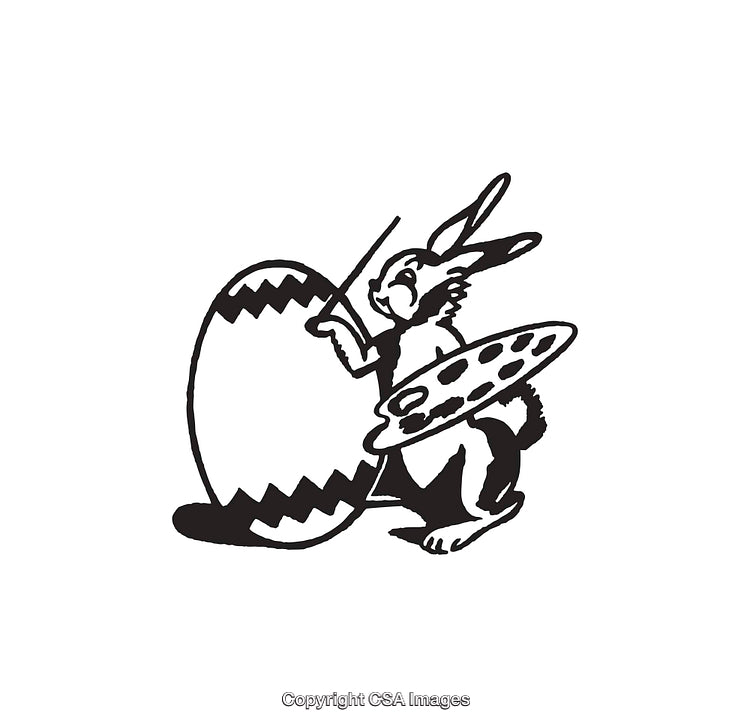 Black and White Illustration of Bunny Painting an Easter Egg
