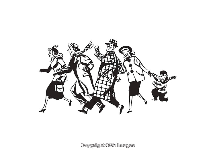 Retro Black and White Line Art of People Walking Together