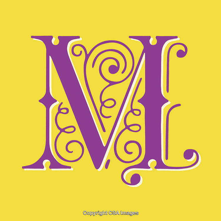 Elegant Letter M in Decorative Purple Design with Yellow Background