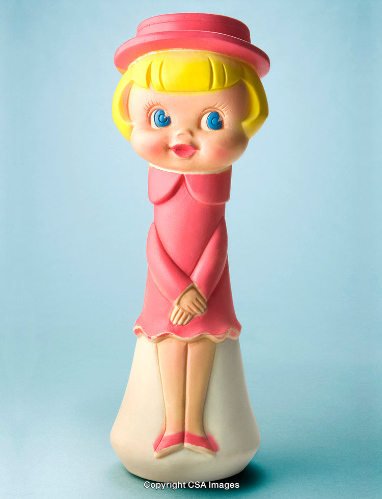 Colorful Vintage Plastic Toy Figure of a Girl in Pink Dress