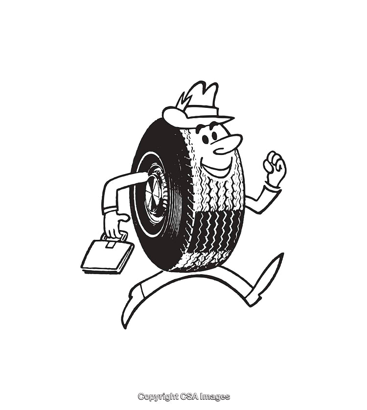 Cartoon Tire Character with Rugged Hat Running with Briefcase