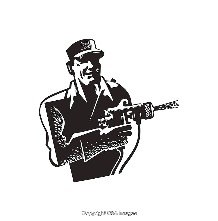 Black and White Illustration of Worker Operating a Power Tool
