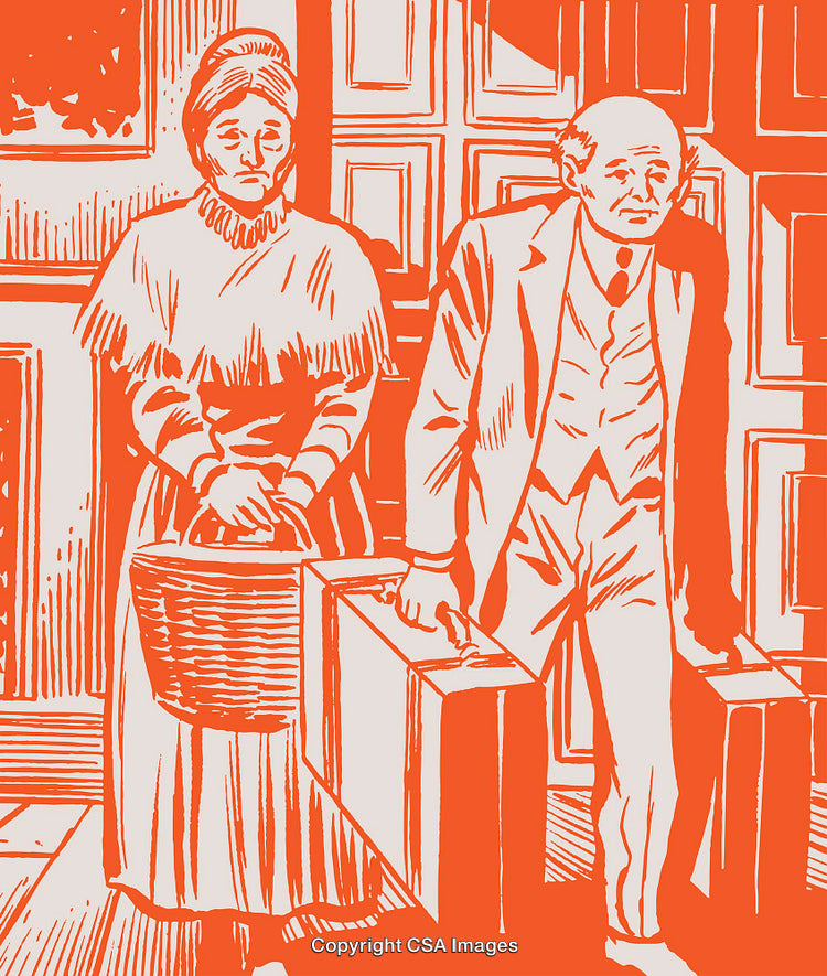 Vintage Illustration of a Couple Carrying Luggage in a Historical Setting