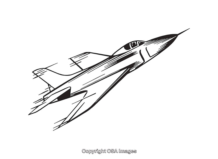 Black and White Line Art Sketch of a Jet Plane in Flight