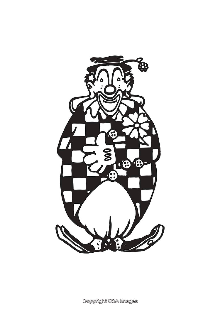 Black and White Line Art of a Cheerful Clown in Checkered Outfit