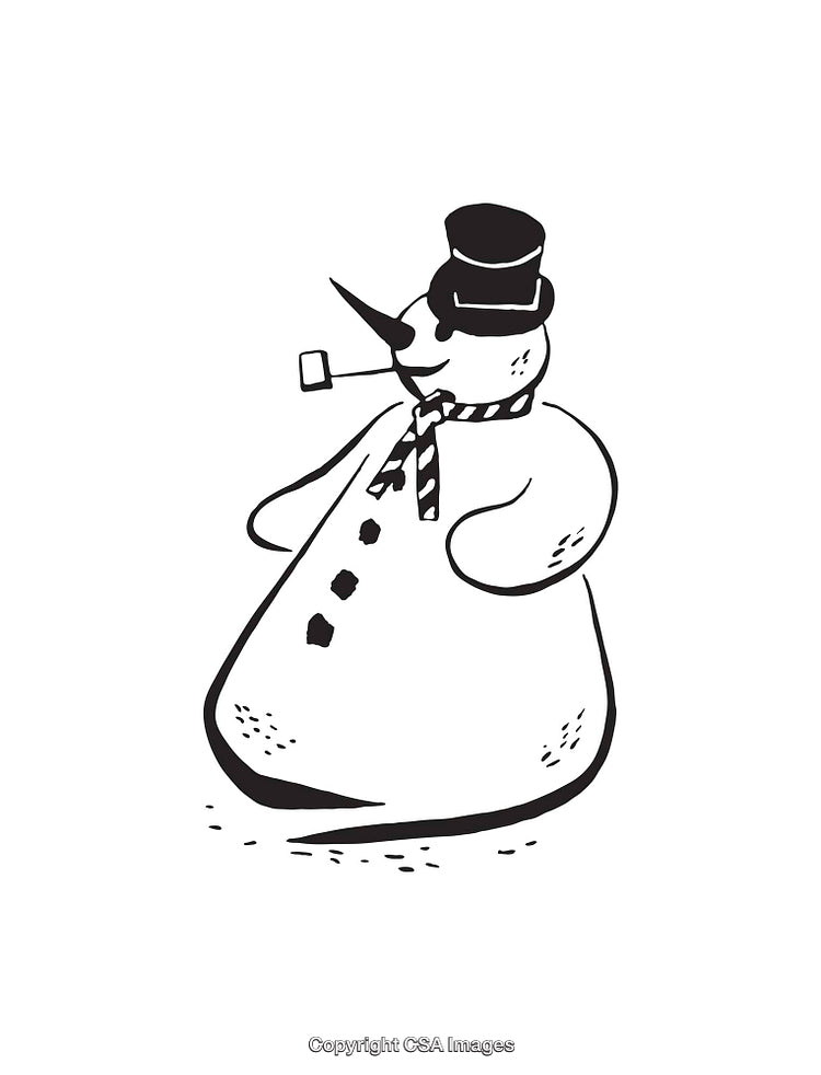 Vintage Black and White Snowman Illustration Wearing a Hat and Scarf