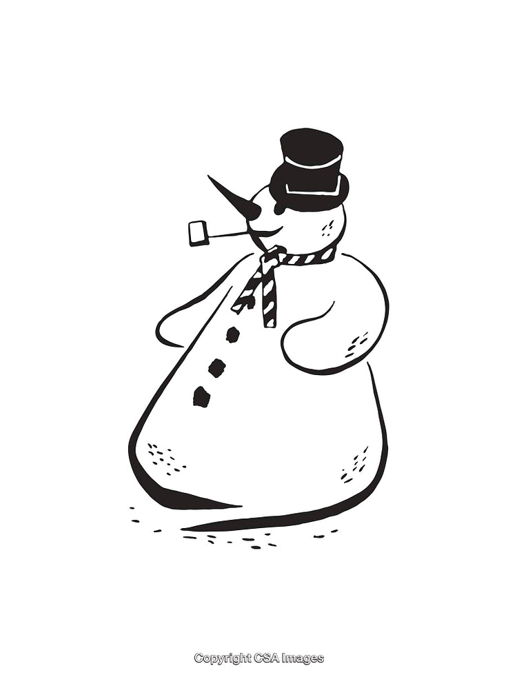 Vintage Black and White Snowman Illustration Wearing a Hat and Scarf