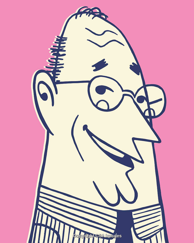 Cartoon Illustration of Smiling Man with Glasses on Vibrant Pink Background