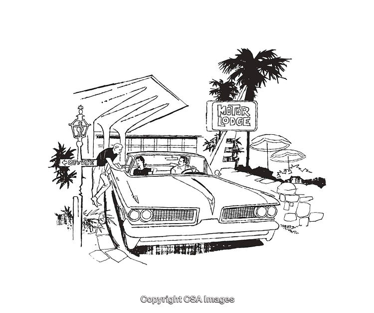 Vintage Line Art of Retro Motel With Classic Car Arrival