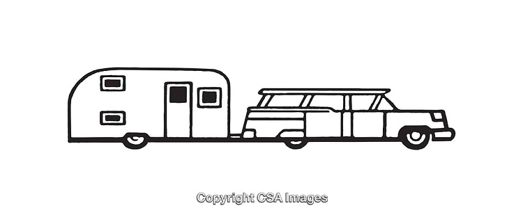 Hand-Drawn Black and White Illustration of a Car Towing a Camper Trailer