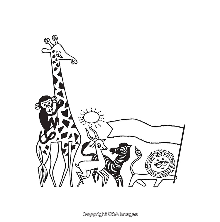 Black and White Line Art of Safari Animals Holding a Banner