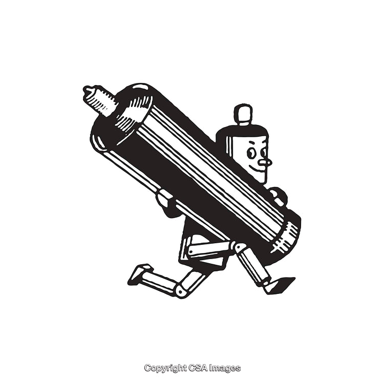 Black and White Line Art of a Robot Carrying a Tube