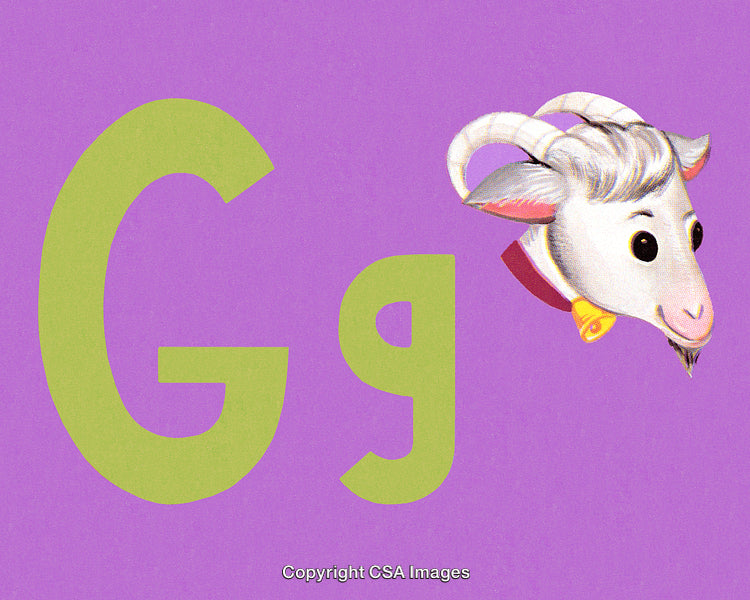 Colorful Illustration of Letter G Featuring a Goat on Purple Background