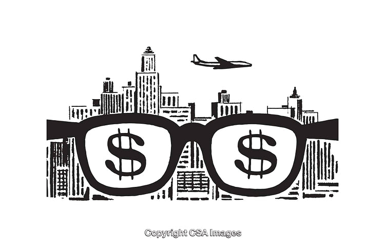 Black and White Line Art of Glasses with Dollar Symbols and Cityscape