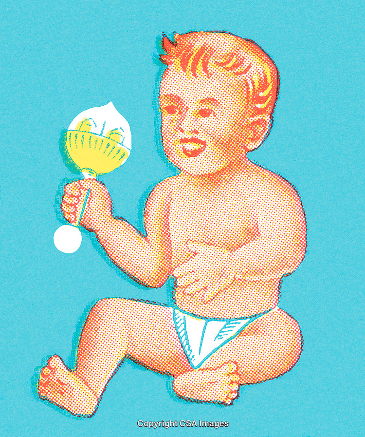 Retro Style Baby Illustration with Toy Rattle on Bright Blue Background