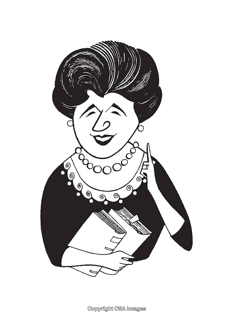 Black and White Cartoon of a Woman with Books and Stylish Hair
