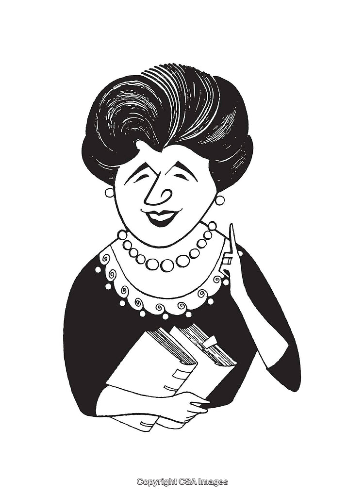 Black and White Cartoon of a Woman with Books and Stylish Hair