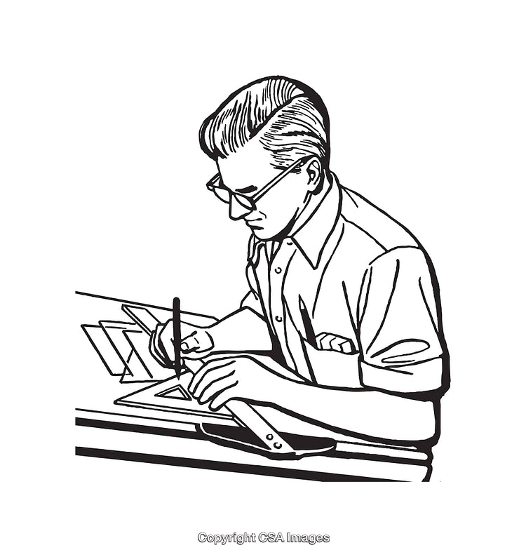 Black and White Line Art of a Man Drawing With Geometric Tools