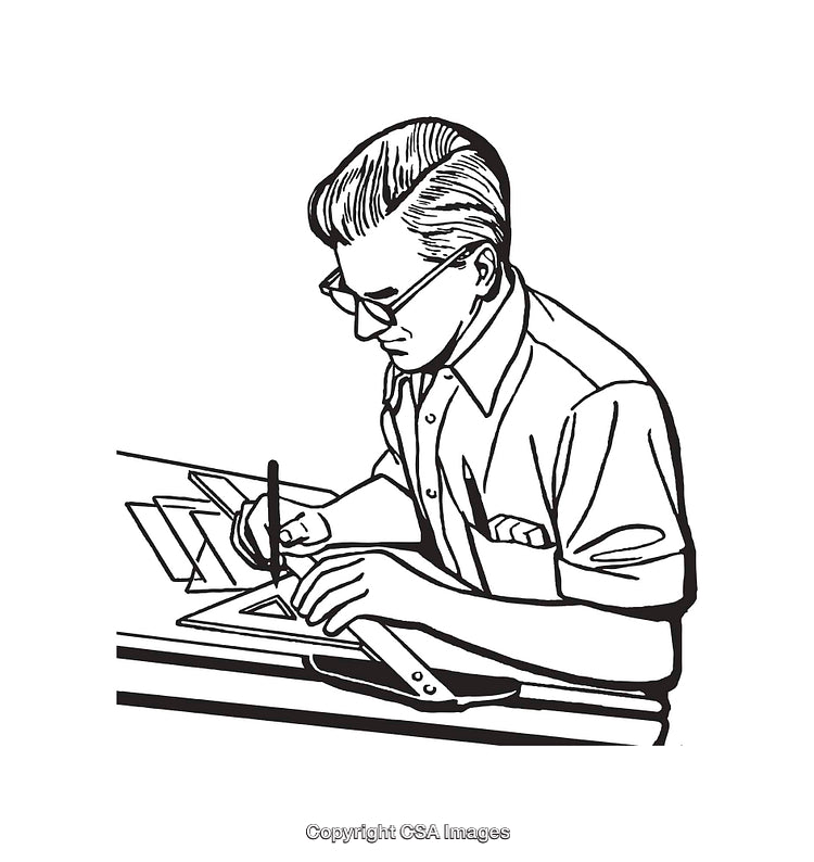 Black and White Line Art of a Man Drawing With Geometric Tools