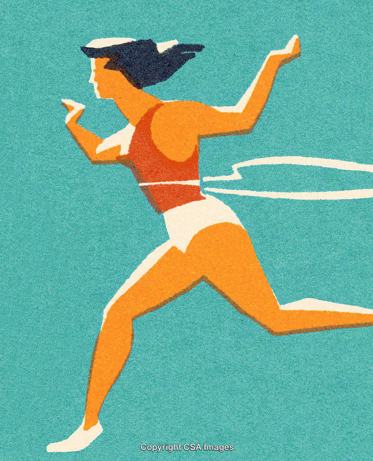 Illustrated Woman Running in Dynamic Fitness Action on Turquoise Background