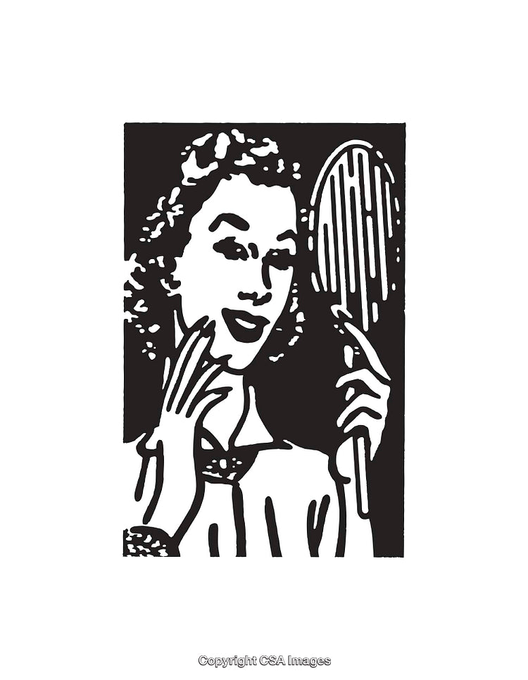 Vintage Line Art of Woman Looking in Mirror Expressing Elegance