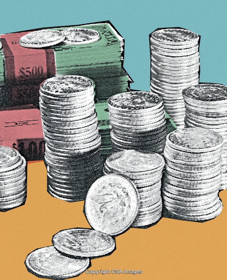 Stylized Dot Screen Illustration of Coins and Currency on Salmon Surface