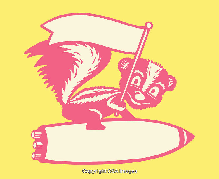Whimsical Pink Skunk Riding Rocket With Flag on Bold Yellow Background