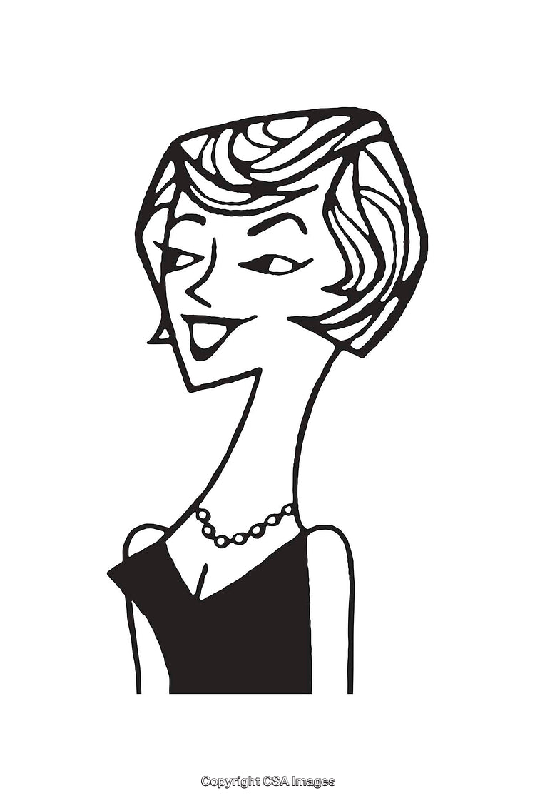 Black and White Line Art Illustration of a Smiling Woman in a Necklace