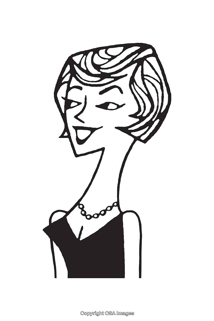 Black and White Line Art Illustration of a Smiling Woman in a Necklace
