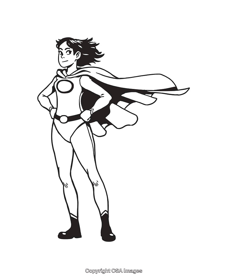Black and White Line Art of a Confident Female Superhero Illustration