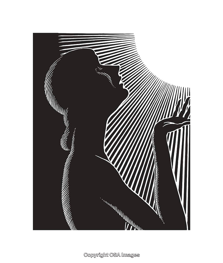 Black and White Line Art of Woman Reaching Toward Light