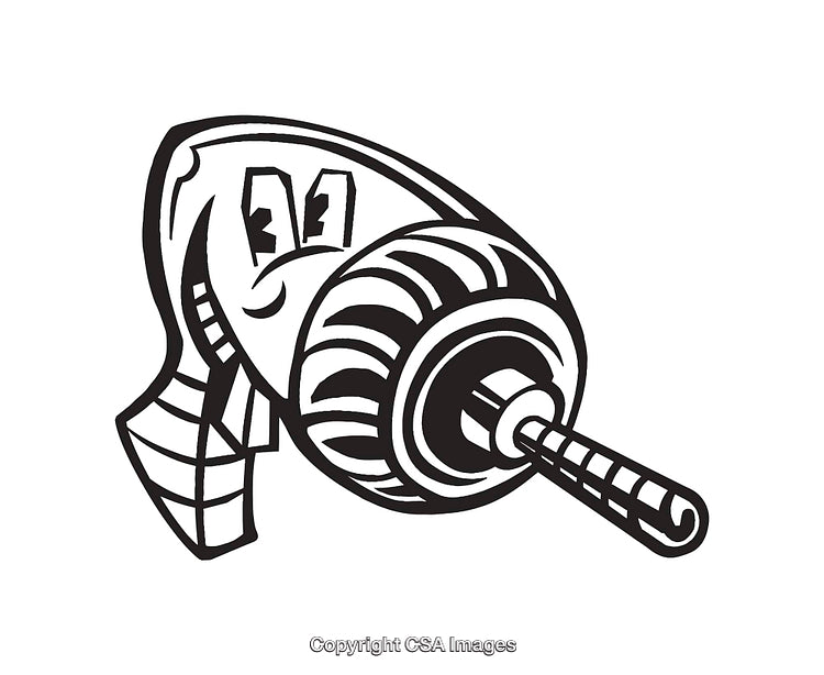Black and White Line Art Illustration of a Smiling Drill Tool