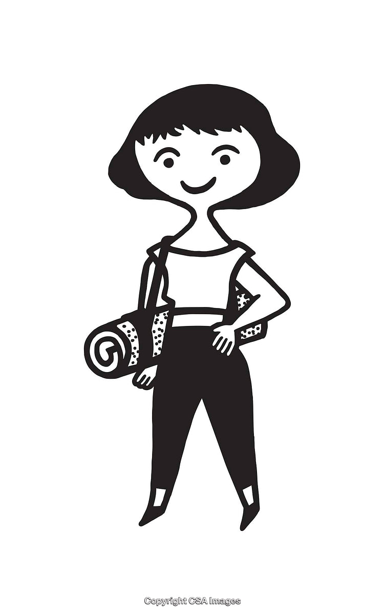 Black and White Illustration of a Smiling Woman with Yoga Mat