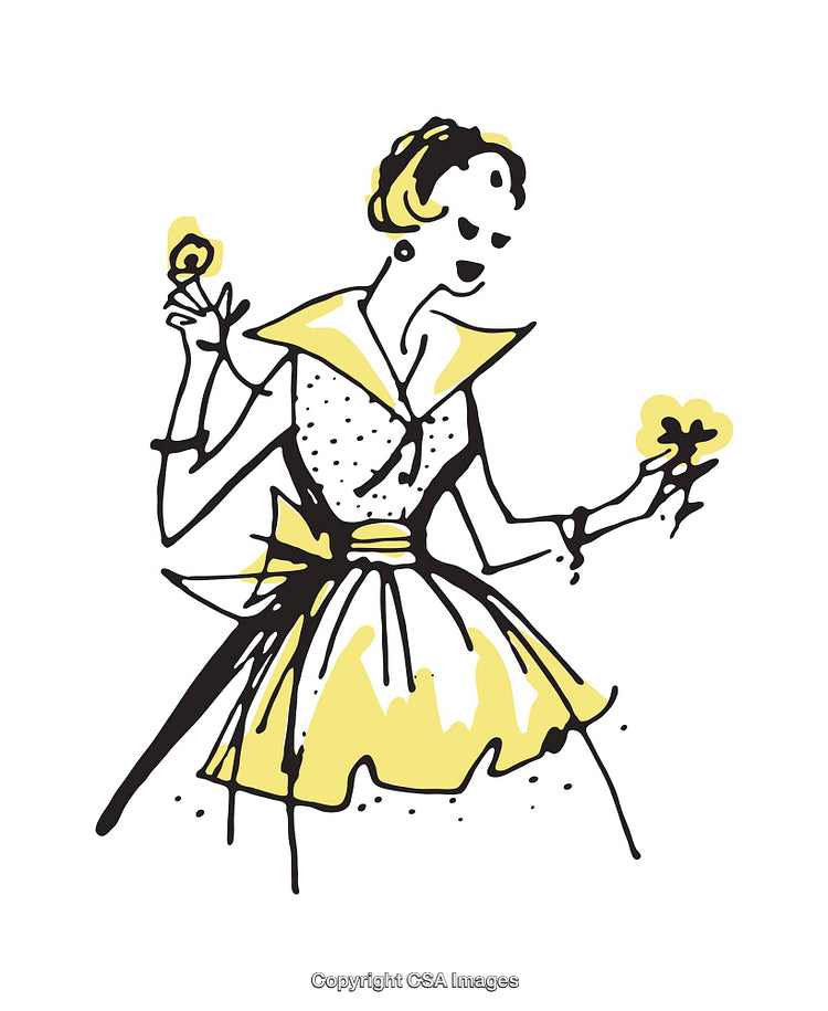 Stylized Illustration of a Woman Holding Flowers in Elegant Dress