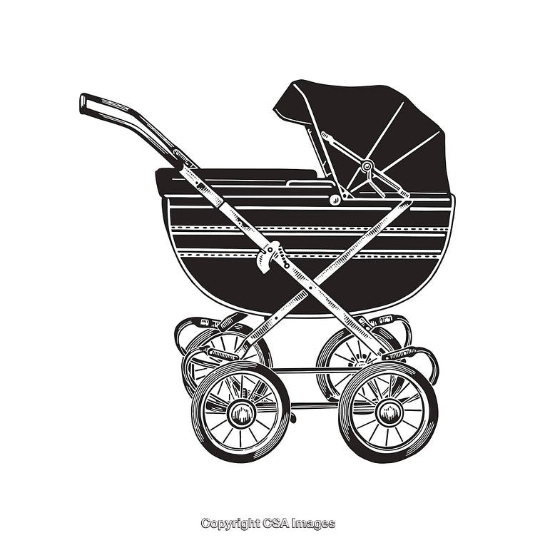 Vintage Illustration of a Classic Baby Stroller in Black and White Line Art