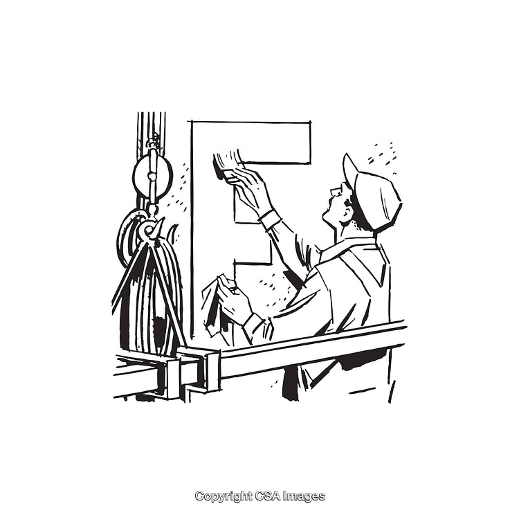 Worker Polishing Letter E in Industrial Setting Line Art Illustration