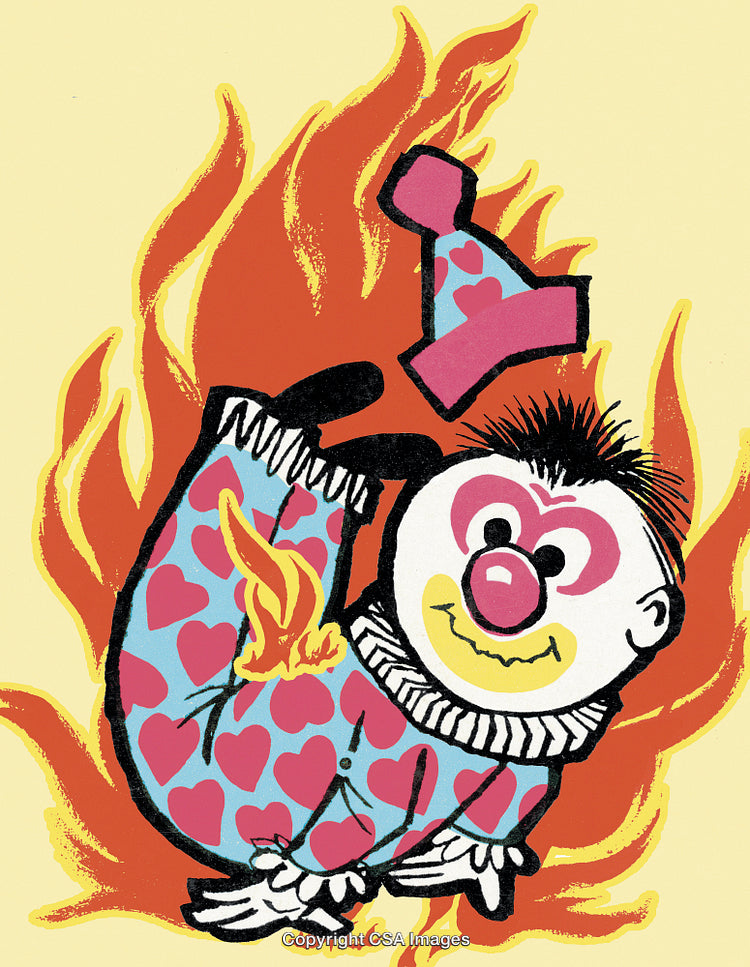 Colorful Cartoon Clown Surrounded by Vibrant Flames in a Playful Style