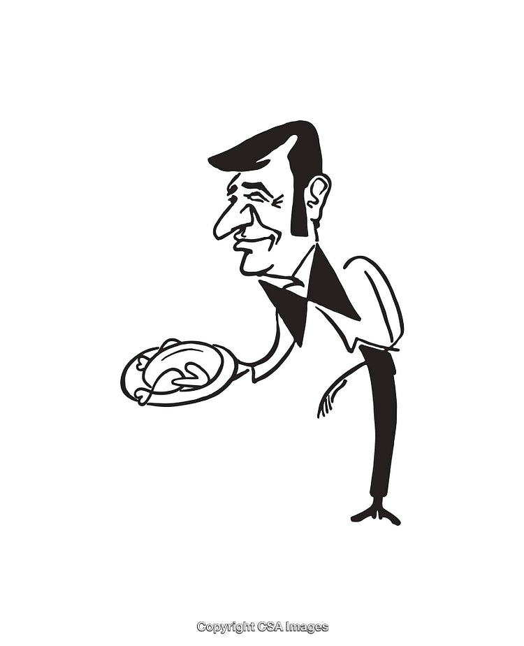 Cartoon Illustration of Waiter Serving a Dish with Humorous Caricature Style