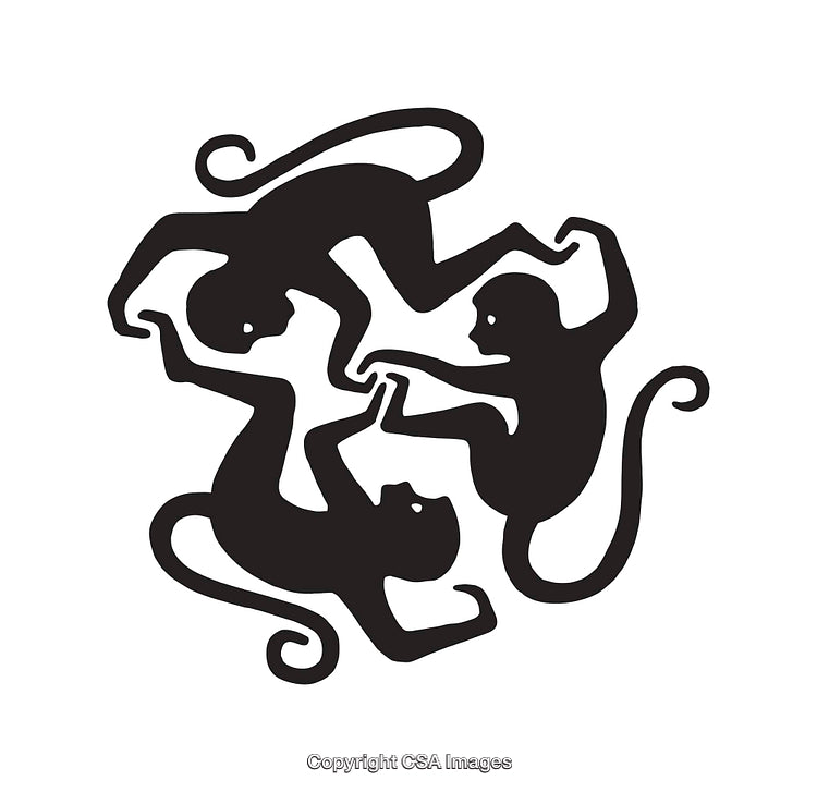 Silhouette of Three Monkeys Forming a Symmetrical Circular Pattern