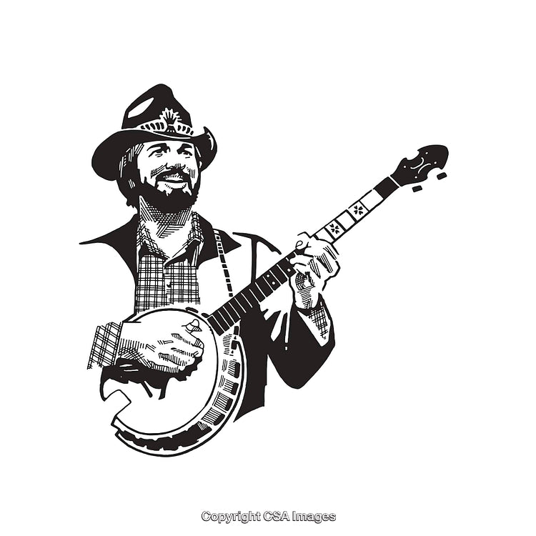 Black and White Line Art of a Banjo Player Iconography