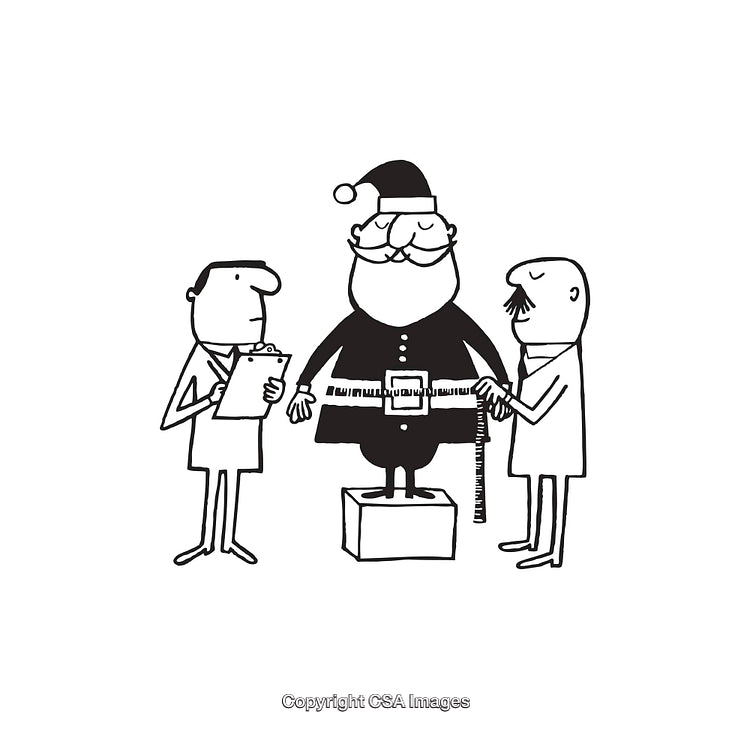 Black And White Illustration of Santa Being Measured for His Outfit