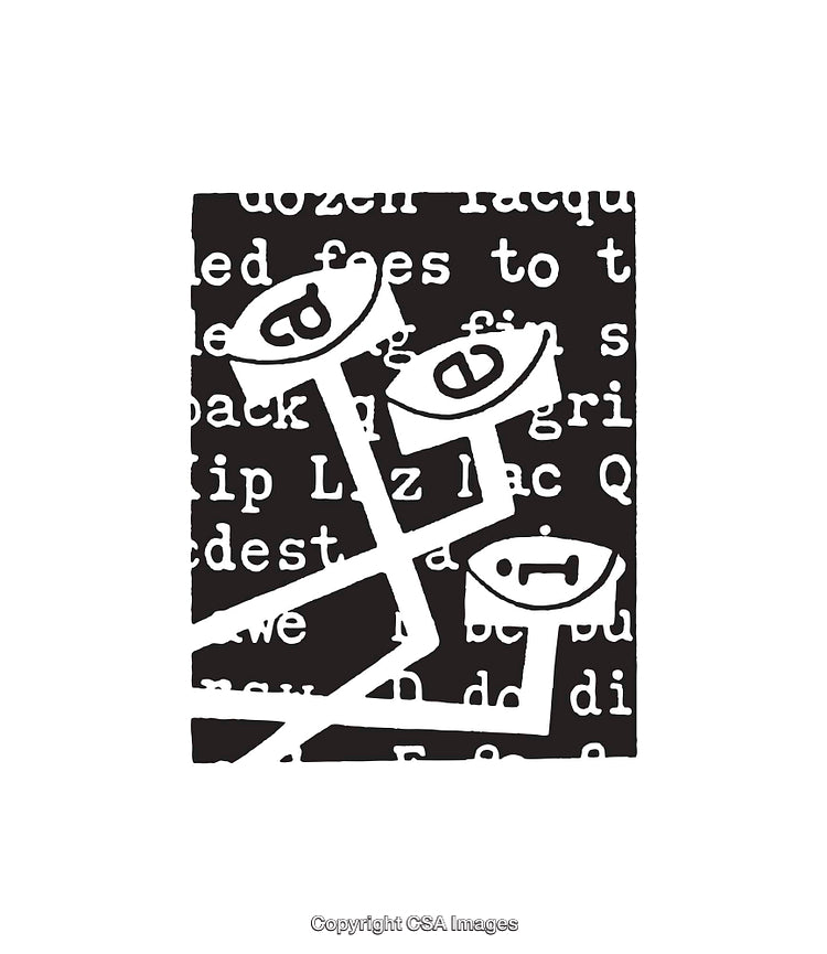 Abstract Black and White Line Art with Text and Graphic Elements